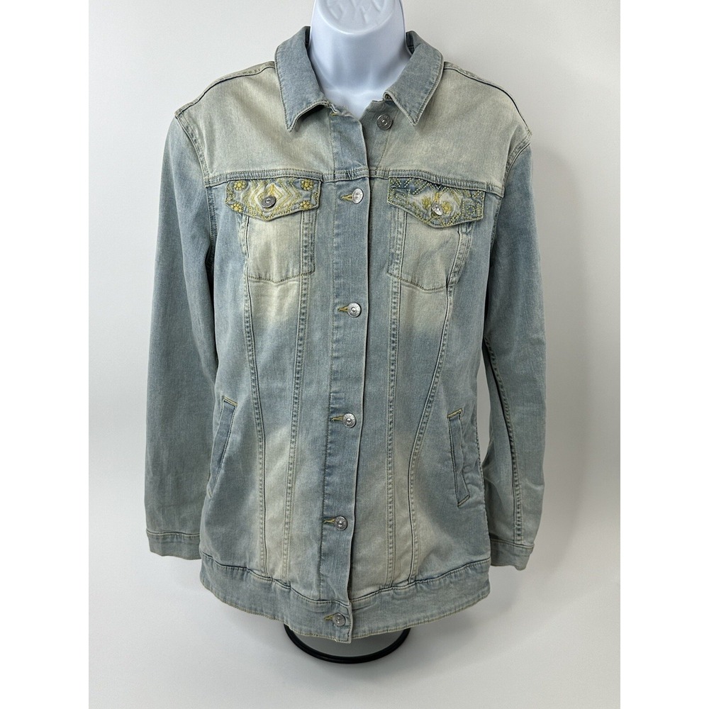 Lularoe Denim Jean Jacket Womens Medium Blue Yellow Boho Embroidered Stretch